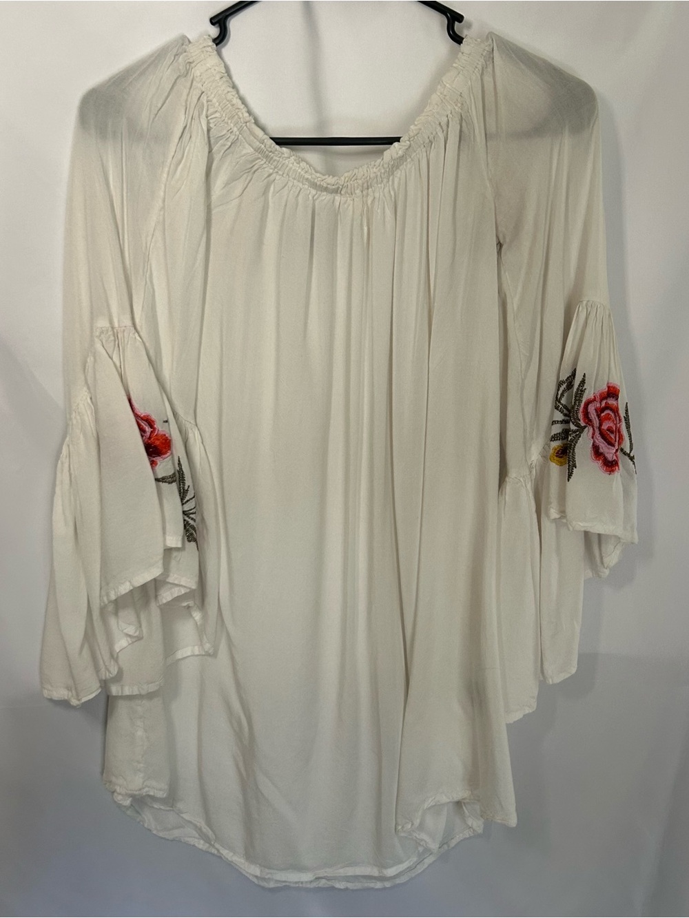 White Peasant Blouse with Rose Embroidery bell sleeves